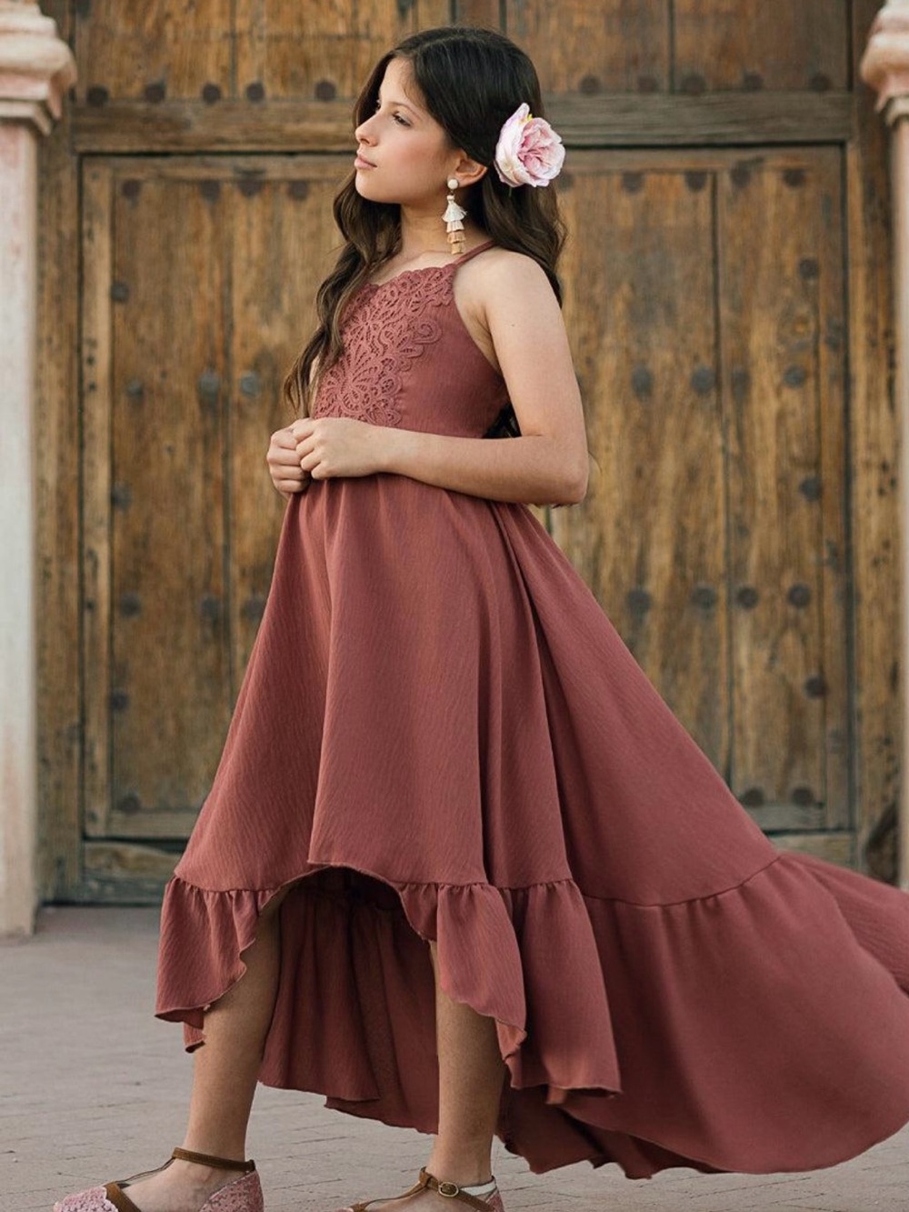 Joyfolie Girls Size 10 Rust Lace High Low Maxi Dress Boho Ruffle Hem